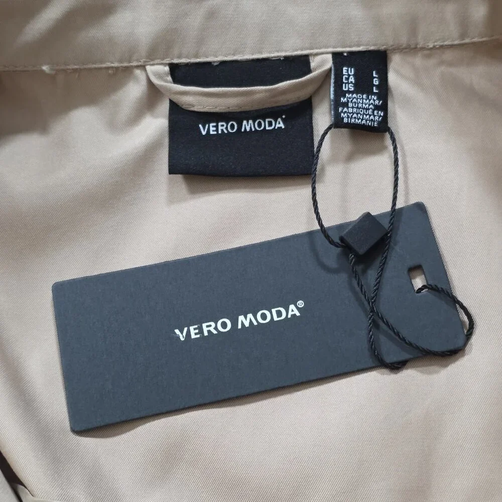 Vero Moda Wrap Coat Womens L Beige Belted Mid Length Pockets Lightweight Preppy